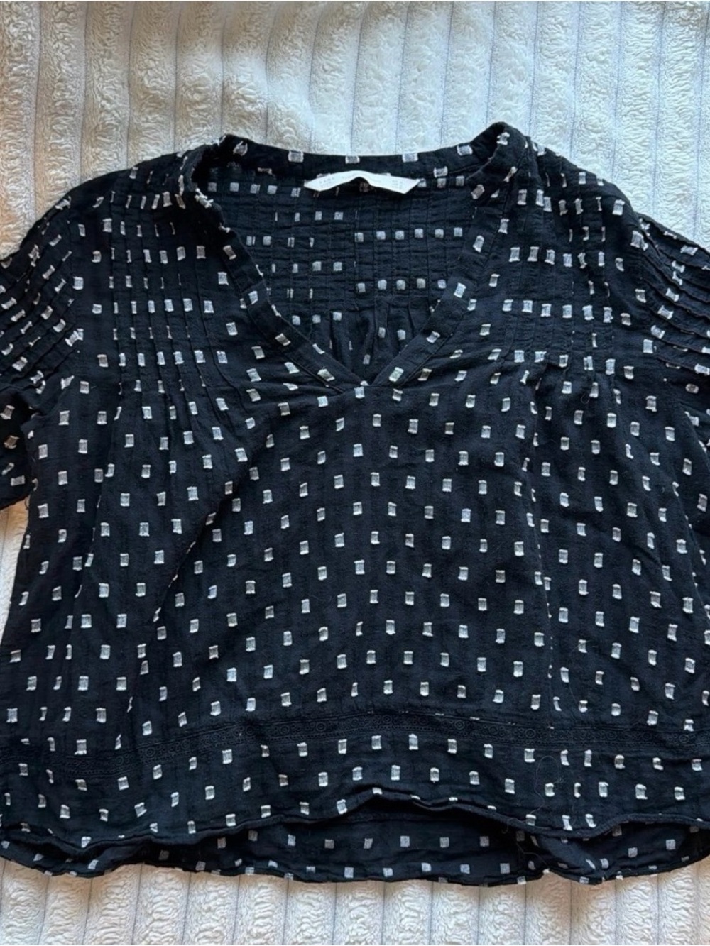 Zara Black V-Neck Dotted Textured Blouse
